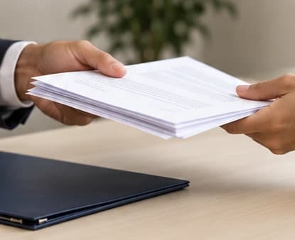 Mãos entregando os documentos do processo